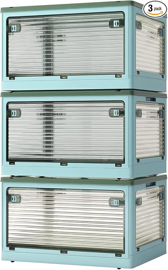 3-Pack Stackable Storage Bins, 83-Liter Collapsible Organizers with 3 Lids, Wheels, Foldable Collapsible Box for Outdoor Camping, Blue