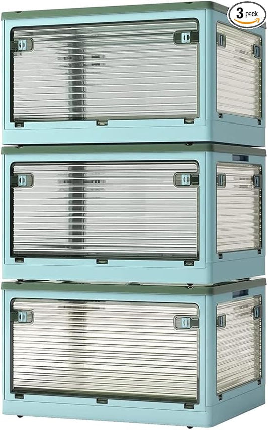 3-Pack Stackable Storage Bins, 83-Liter Collapsible Organizers with 3 Lids, Wheels, Foldable Collapsible Box for Outdoor Camping, Blue