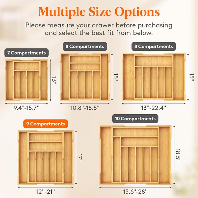 Lifewit Silverware Drawer Organizer, Expandable Utensil Tray for Kitchen, Bamboo Flatware and Cutlery Holder, Wood Adjustable Storage for Spoons Forks Knives, 31- 53 x 43cm, Natural