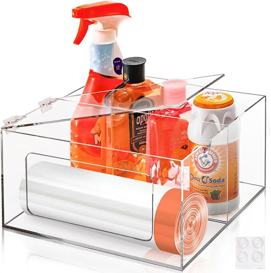 Acrylic Trash Bag Dispenser Holder, 2 in 1 Garbage Bag Roll Holder Under Sink, Standard Grocery Bags Storage Container with Lid, Laundry Storage Organizer Bin for Kitchen, Bathroom, Pantry