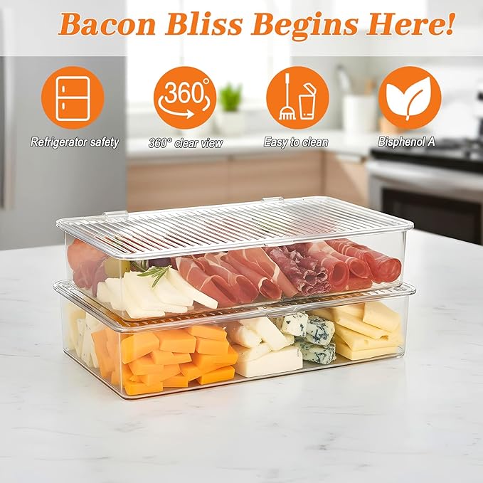 2 Pack Bacon Container For Refrigerator, Clear Plastic Storage Bin with Lid,Refrigerator Fridge Storage Organizer Storage Box for Coffee, Bathroom, kitchen, Snack, Beauty