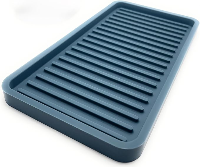 Happitasa Silicone Kitchen Sink Organizer Tray, Sponge Holder and Countertop Protector | Bathroom and Kitchen Soap Dish and Dispenser Tray (Smoky Blue, 10"x5.25", 10.4 Ounces)