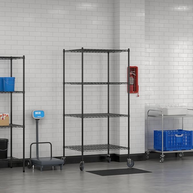 Commercial NSF Listed Black Epoxy Mobile Wire Shelving Kit 30" x 36" x 80", with 4 Shelves Perfect for Warehouse, Walk-in Refrigerator, Freezer, Grocery Store, Restaurant, Dishroom