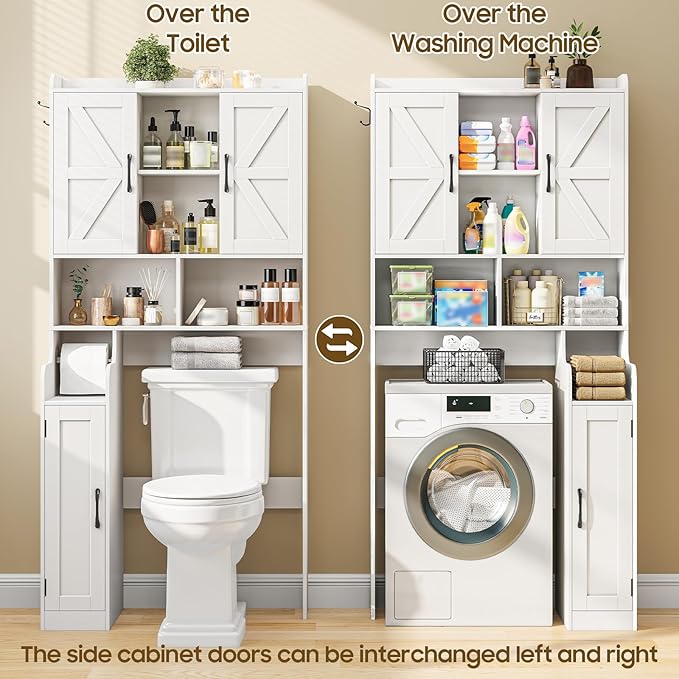Over The Toilet Storage Cabinet, Bathroom Over Toilet Storage Organizer with Barn Doors and Paper Holder Stand Farmhouse Space Saving Rack Cabinet with Adjustable Shelves for Bathroom, Laundry (White)