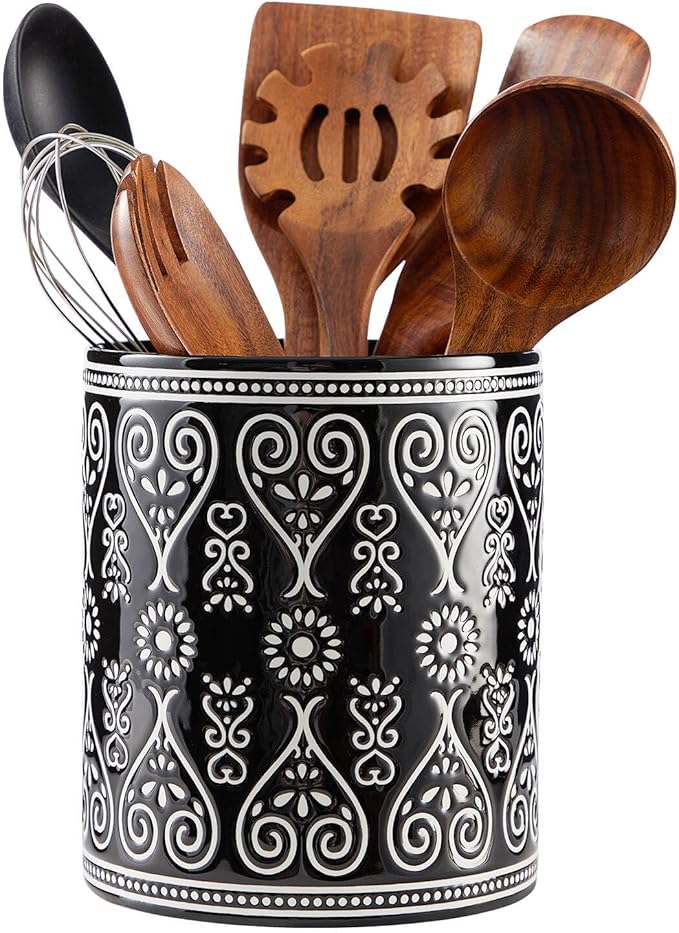 Black Heavy Ceramic Utensil Holder, 7" Extra Large Kitchen Utensil Holder for Countertop, Cooking Ceramic Crock for Farmhouse Kitchen Decor