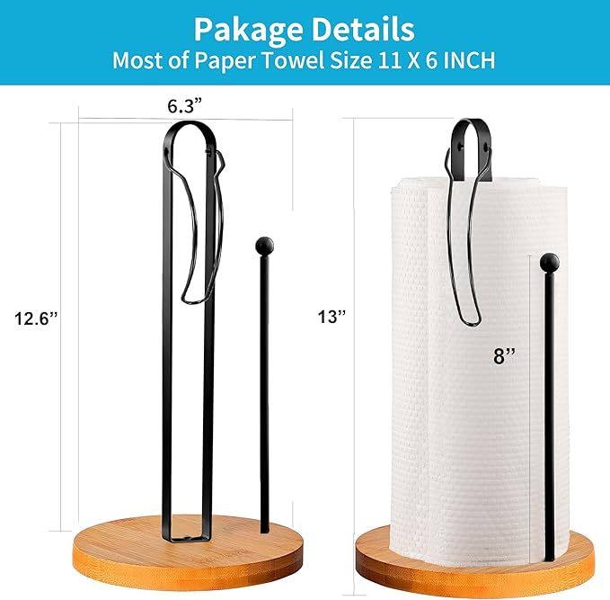 Wood Paper Towel Holder Countertop, TONLEA Kitchen Paper Towel Holder FreeStanding with Fixer for Kitchen and Bathroom Organization, Kitchen Roll Holder for Standard and Large Rolls