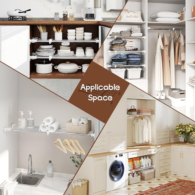 Hershii Closet Tension Shelf & Rod Expandable Metal Storage Rack Adjustable Organizer DIY Divider Separator for Cabinet Wardrobe Cupboard Kitchen Bathroom，15.74-23.62inches | Organizer, DIY, Divider, Separator, for Cabinet, for Wardrobe