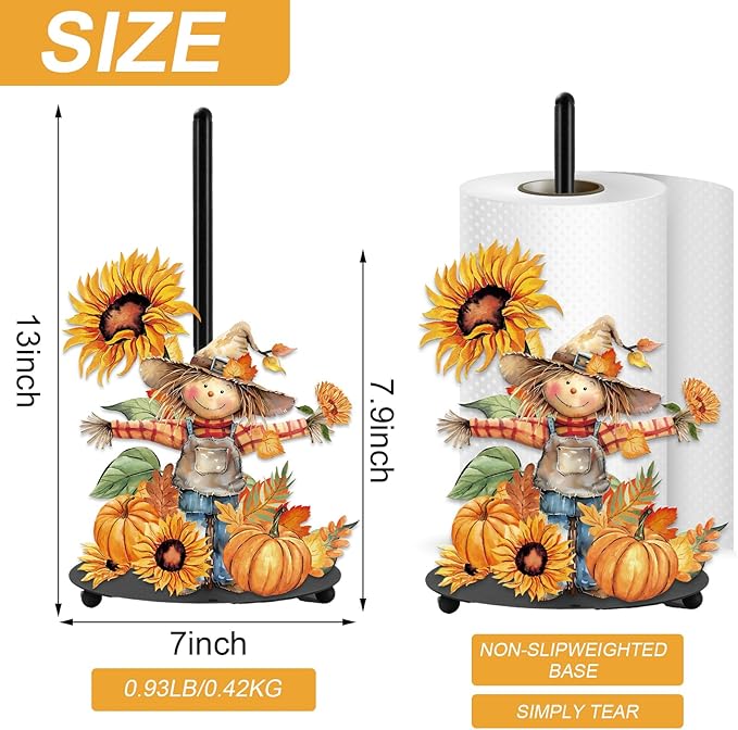 JarThenaAMCS Fall Paper Towel Holder Rustic Scarecrow Kitchen Decor Accessories Large Metal Towel Holder Stand for Autumn Thanksgiving Home Party Bathroom Countertop