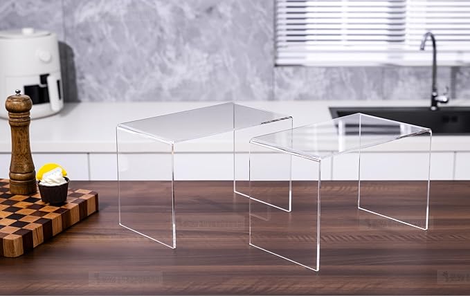 CLAY TONIC 2-Pack Large Clear 5MM Thickness Acrylic Display Risers for Kitchen Organizer and Storage,Display Food, Pantry Cabinet Shelf, Retail Display (2, 12x7x8 Inche)