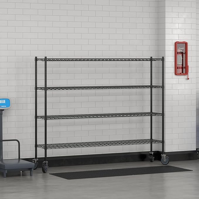 Commercial NSF Listed Black Epoxy Mobile Wire Shelving Kit 14" x 72" x 60", with 4 Shelves Perfect for Warehouse, Walk-in Refrigerator, Freezer, Grocery Store, Restaurant, Dishroom