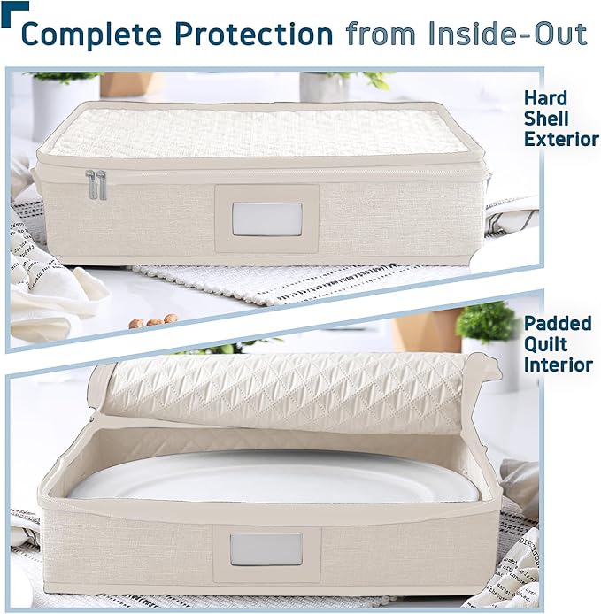Platter Storage Case – Fine China Storage Containers Hard Shell, Quilted and Stackable 16”x 12.5”x 3.5” Platter Storage Container with Handles and Felt Dividers for Moving and Seasonal Storage, Cream