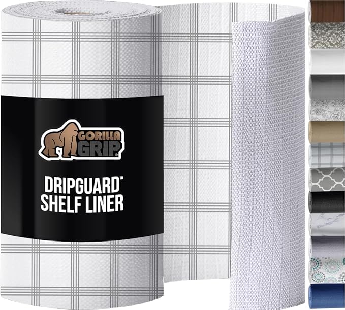 GORILLA GRIP Slip Resistant Drawer and Shelf Liner 2 Pack, Non Adhesive Water Resistant, Easy Trim, Smooth Surface Liners for Kitchen Cabinet, Shelves, Drawers Pantry, 20 IN x 20 FT, Stripe Gray White