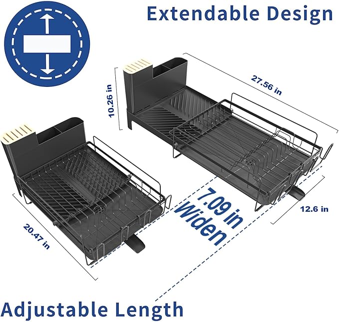 Runnatal Large Dish Drying Rack with Drainboard Set, Dish Rack, Extendable Dish Rack, Utensil Holder, Cup Holder, Expandable Dish Drainer for Kitchen Counter, 20.5"-27.6" L x 12.6" W