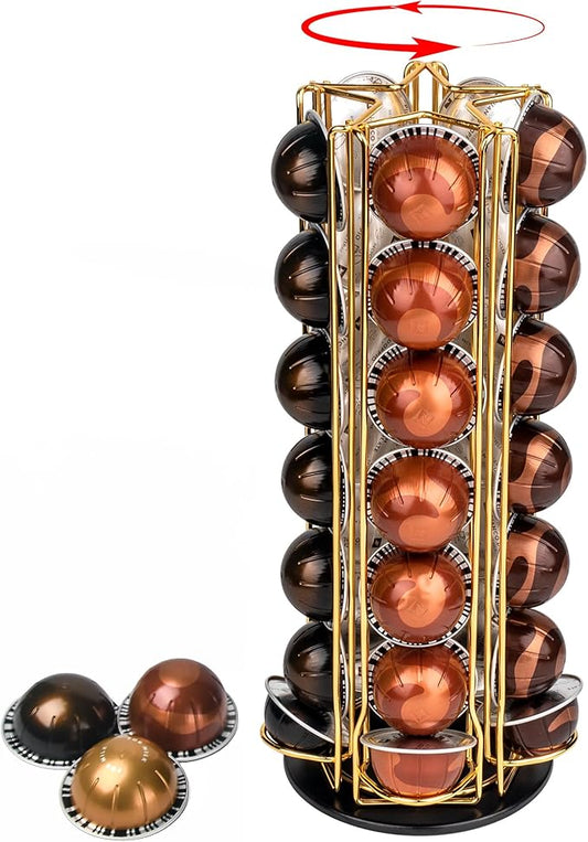 35 Coffee Pods Holder - Golden - 360° Spinning Coffee Pod Carousel Stand | Holds 35 Capsules | Compact Countertop Organizer with Silent Rotation, Durable & Modern