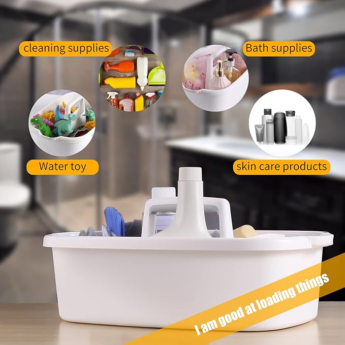 Omirome 2-Pack Large White Cleaning Caddy for Cleaning Supplies with Handle - Portable Plastic Tote Organizer for Shower, Bathroom, Kitchen, Under Sink Storage