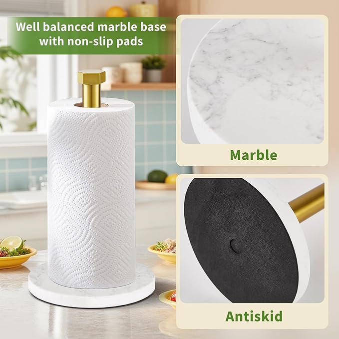 Paper Towel Holder, Kitchen Paper Towels Holder Stand, Stainless Steel Paper Towel Holder -High-Grade Marble Weighted Base, Non-Slip Protect The countertop -Brushed Gold