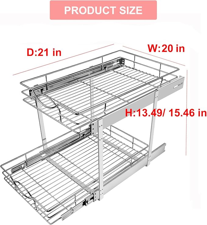 Pull Out Cabinet Organizer 20" W x 21" D 2-Tier Individual Slide Out Drawer Pantry Shelf Storage for Kitchen Base Cabinet Organization for Kitchen, Bathroom, Pantry, Chrome