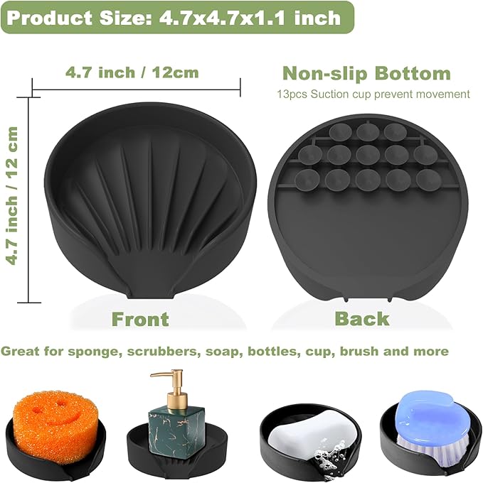 Self Draining Soap Dish, Silicone Soap Holder with Suction Cup and Drain Spout, Kitchen Bathroom Sink Organizer, Dish Soap Bar Tray Savers Sponge Holder, Perfect for Dispenser, Scrubber, Bottle, Cup
