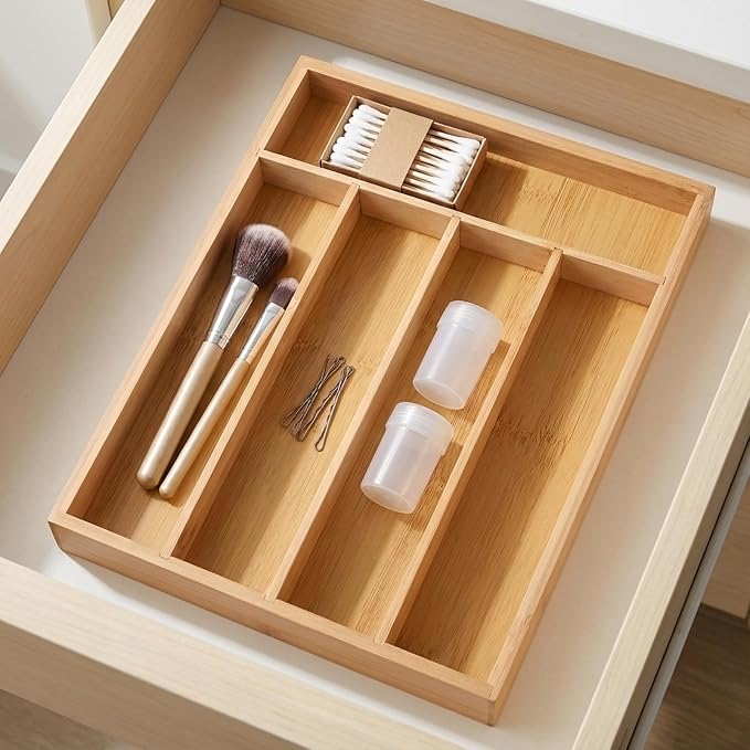 Wooden Silverware Organizer for Drawer, Bamboo Utensil Drawer Organizers, Kitchen Utensil Organizer Tray with 5 Storage Compartments, Flatware Organizers for Cutlery Flatware 13.1 x 9.8 x 1.5"