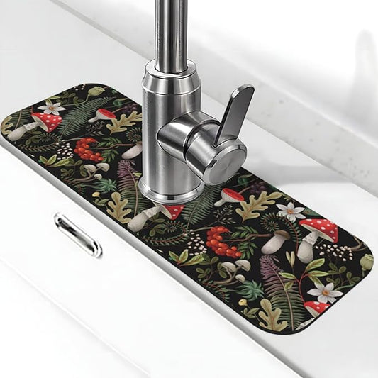 Forest Mushroom Mushrooms Leaves Flowers Kitchen Sink Splash Guard Faucet Mat Super Absorbent Fast Drying Mat Sink Gadgets-Fast Drying Pad Sink Mat For Kitchen Bathroom (15" X 5.5" )