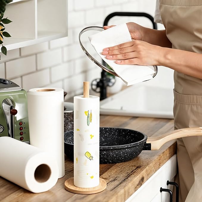SHENLIU 4Pcs Wood Paper Towel Holder Stand, Kitchen Paper Hanger Rack Bathroom Towel Roll Stand Organizer Non-Slip Countertop Standing Papers Roll Holder for Kitchen Bathroom Countertop