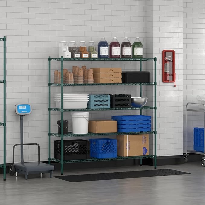 Commercial NSF Listed Green Epoxy Stationary Wire Shelving Kit 18" x 60" x 64", with 5 Shelves Perfect for Warehouse, Walk-in Refrigerator, Freezer, Grocery Store, Restaurant, Dishroom