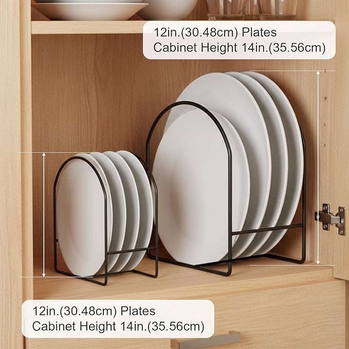4 Packs Black Kitchen Plate Holder for Cabinet 2 Large 2 Small Dinner Dish Plate Organizer Rack Upright Dish Drying Racks Metal Dishes Racks Stand