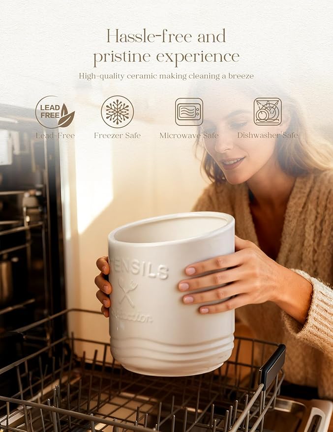 AISBUGUR Large Ceramic Utensil Holder: 7.5" H×6.3" W with Slanted Mouth - Utensil Crock with Non-Slip Cork Base for Kitchen Counter, Ideal for Decor & Gift, White
