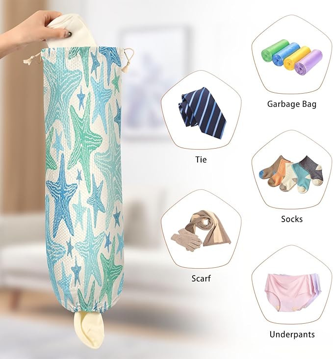 Pattern Of Starfish Plastic Bag Holder Kitchen Storage Accessories Grocery Bag Storage Durable Plastic Bag Organizer with Hanging Loop 2 Pack