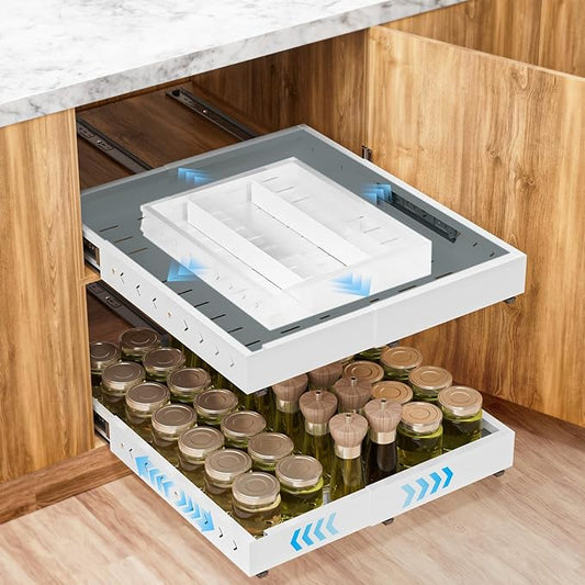 Insputer Pull Out Cabinet Organizer Expandable (12.4"-20.08")W & (16.26"-22.44")D, Slide Out Drawers for Kitchen, Pantry with 2Pcs Magnetic Panel, 3 Slide Rails, No Drill Adhesive Roll Out Shelf White