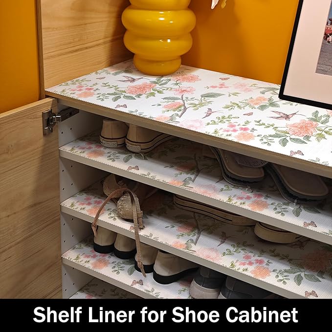 Amiitay Bird Floral Shelf Liners Non Adhesive and Strong Non-Slip Shelf and Drawer Liners for Kitchen Cabinet Wire Fridge, Waterproof Shelf Drawer Liner,Easy to Clean,12IN x 10FT