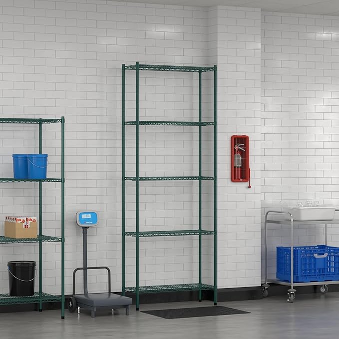 Commercial NSF Listed Green Epoxy Stationary Wire Shelving Kit 14" x 36" x 96", with 5 Shelves Perfect for Warehouse, Walk-in Refrigerator, Freezer, Grocery Store, Restaurant, Dishroom