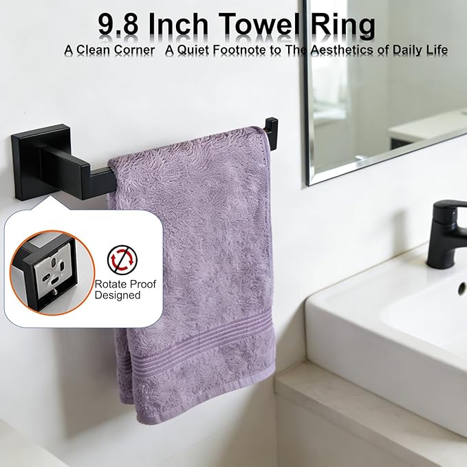 Bathroom Hardware Set 10 Piece Matte Black Bathroom Accessories Set SUS304 Towel Bar Set Includes 2 Towel Bar 24 Inch+2 Towel Holder+2 Toilet Paper Holder+4 Towel Hooks(10, Matte Black)