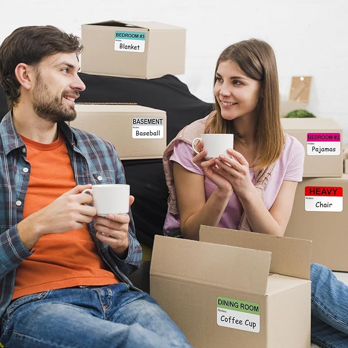 Kingtac 600 Writable Home Moving Stichers - 2' x 3', 20 Color-Coded Home Moving Packing Labels with Fragile, Extra, Heavy Options.Stick to Cardboard Boxes and Plastic Bins, No Extra Tape Needed