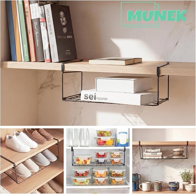 MUNEK Under Shelf Basket Storage Black 2 Pack Space-Saving with Extra Layer Lightweight & Quick to Install Non-Slip16.1"D x 8.46"W