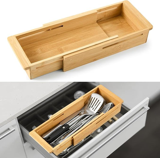 LemonRoad 1 Pcs Sliding Drawer Organizer Bin Bamboo Drawer Expandable Bins Utensil Organizer in Kitchen for Spoons Forks Knives