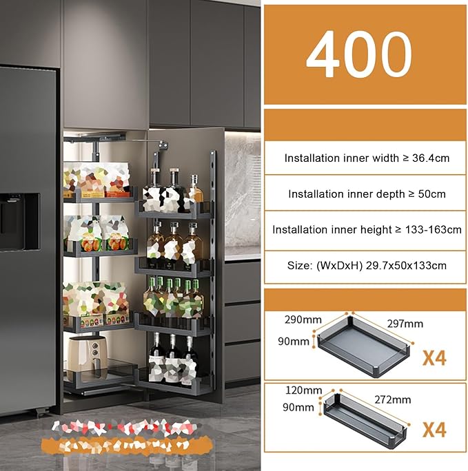 WIGING 4-Tier Narrow Cabinet Pull-Out Basket, High Cabinet Pull-Out Storage Rack with Adjustable Dividers for Kitchen Bathroom Pantry, Single-Layer Load Capacity: 15kg(29.7x50x133cm)