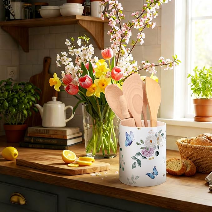 WILLBOND Butterfly Kitchen Decor Acrylic Butterfly Kitchen Utensil Holder Crock Spoon Organizer for Countertop Table Decor Coffee Spoon Holder Jar for Cooking Tools
