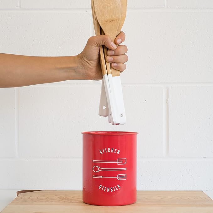 Now Designs Powder-Coated Steel Utensil Crock,Red, 5x6 inches