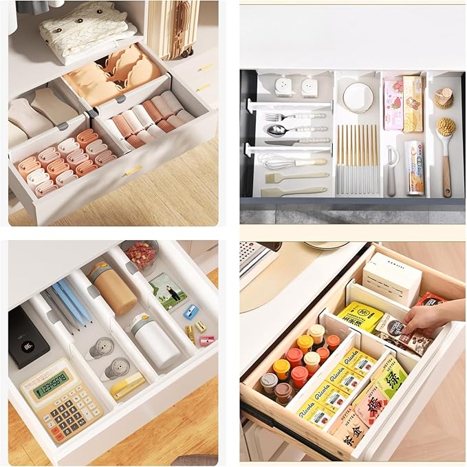 Adjustable Drawer Dividers 3-Pack Expandable Organizers with Non-Slip Pads for Kitchen Bathroom Dresser Vanity Desk Office Easy Install (White,Small(11.1-17.3 in))