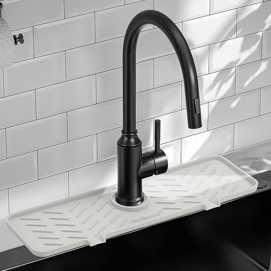 Meiliweser Silicone Faucet Mat for Kitchen Sink – Gen 2 Splash Guard with Upgraded Outlet & Slope – 18” x 5.1” Water Catcher & Sink Sponge Holder for Kitchen and Bathroom (Beige)