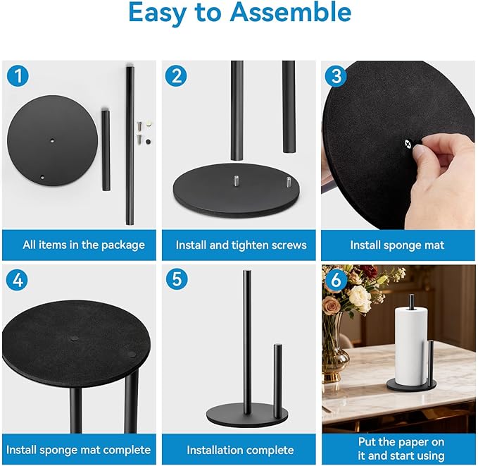 Paper Towel Holder Kitchen,Premium Stainless Steel Roll Dispenser,Countertop Paper Holder with Weighted Base, Black