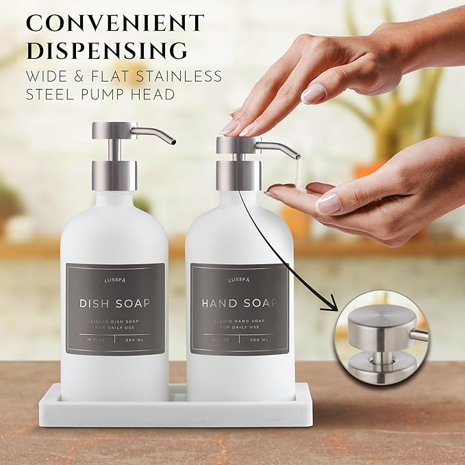Lotion, Hand & Dish Soap Dispenser for Kitchen & Bathroom | Soap Dispenser Set of 2 16.8 Oz Glass Bottles with Stainless Steel Pump, 15 Water Proof Labels & Silicon Tray (White/Silver)