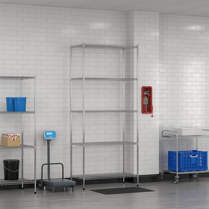 Commercial NSF Listed Chrome Stationary Wire Shelving Kit 21" x 42" x 96", with 5 Shelves Perfect for Warehouse, Walk-in Refrigerator, Freezer, Grocery Store, Restaurant, Dishroom