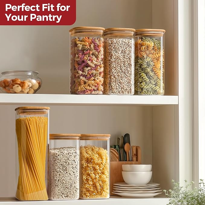 Airtight Glass Storage Canister with Lids, Kitchen Pantry Storage Jar with Labels, Food Storage Container for Sugar Tea Coffee Beans Snacks (2 pack 1.6qt)