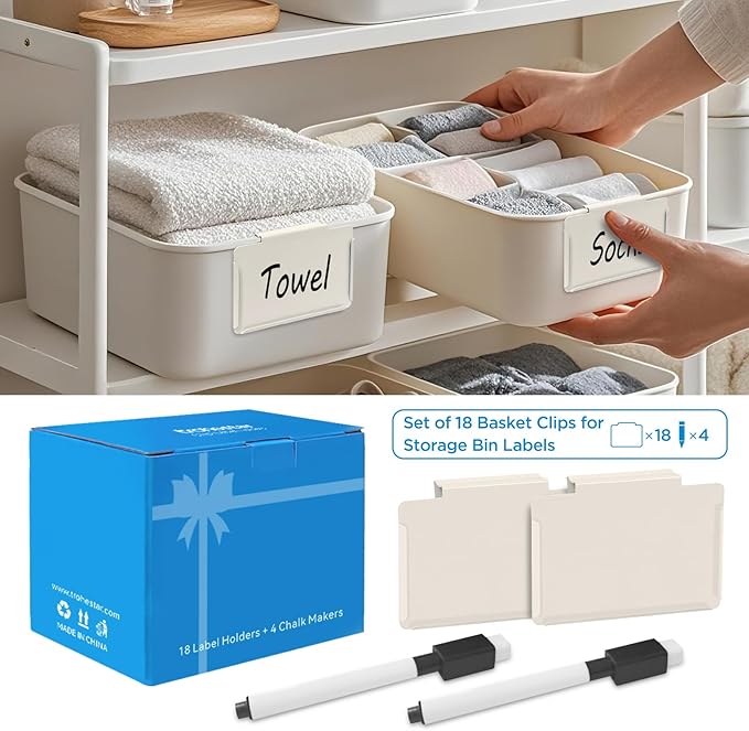 trohestar Metal Pantry Baskets Labels Clip On for Storage Bins | Edge Fold-Cream (Edge Fold-Cream, 18 Metal Label Clip)