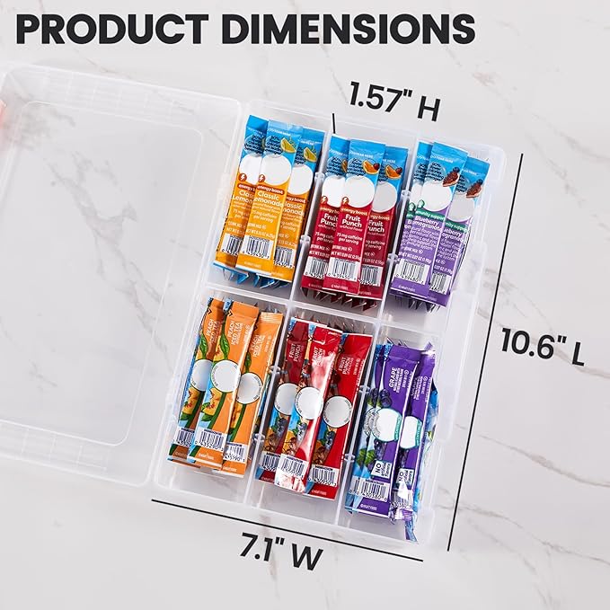 MIMORE Drink Packet Organizer - Water Drink Packet Holder with Lid - Stackable Water Packet Organizer for Drawer, Cabinet or Pantry - Removable Divider
