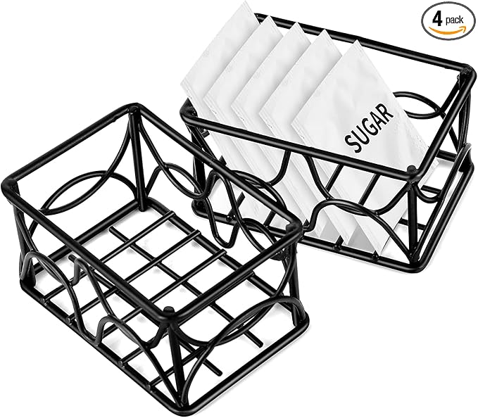 DLUGOPIS 4 Pieces Black Metal Sugar Packet Holder Tea Bag Organizer Sugar Caddy Holder Small Sugar Container Coffee Creamer Holder Tea Bag Caddy Holder for Coffee Bar Kitchen Home