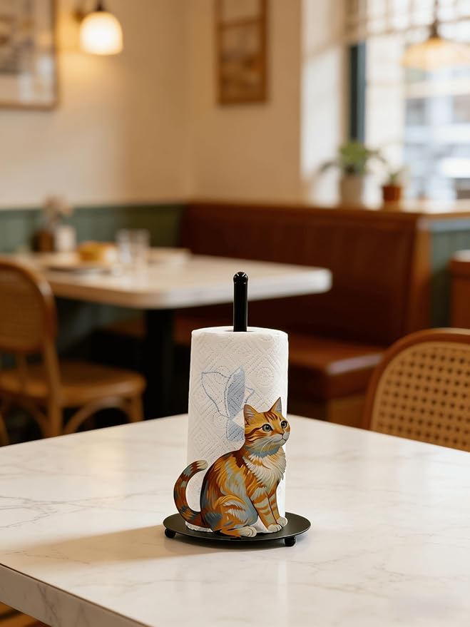 Cat Paper Towel Holder Countertop, Freestanding Paper Roll Holder, Easy One-Handed Tear Kitchen Paper Towel Stand with Weighted Base, Cute Animal Home Decor for Kitchen and Bathroom Countertop(1 Pack)