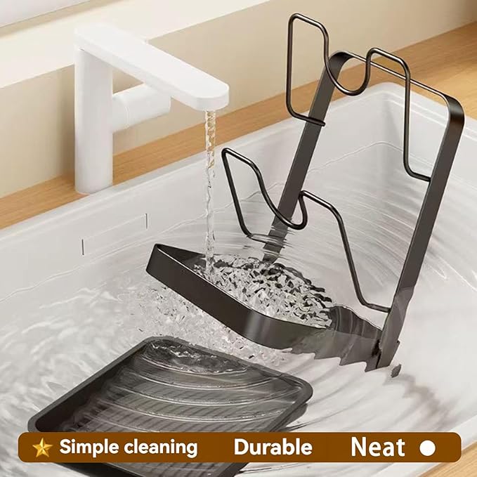 Kitchen Pot Lid Storage Rack, 304 Stainless Steel Holder and Spoon Rest, Lid Holder While Cooking, Multifunctional Kitchen Organizer Stand with Removable Drip Tray for Countertop (Double-layer Gray)